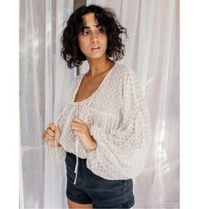 Daughters of India Rashmi Blouse White Brown Block Print Cropped Blousy Top M